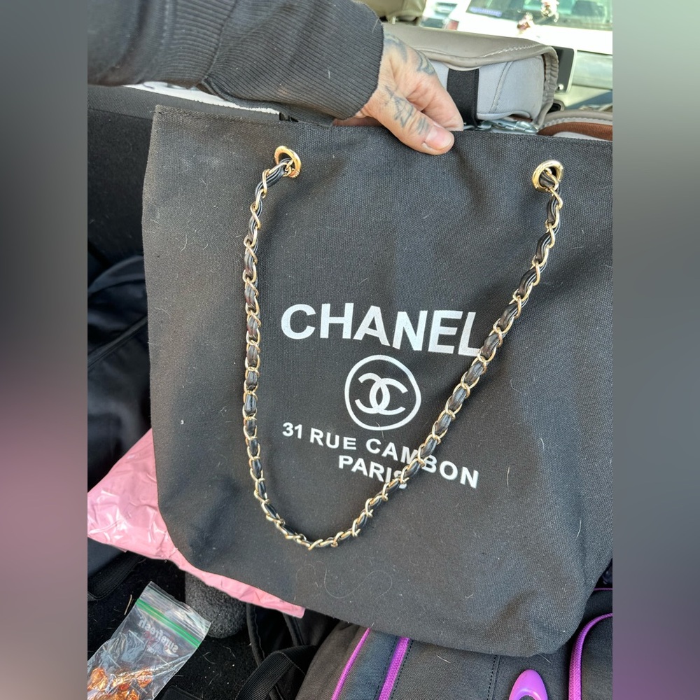 Cc Black Tote with Gold Chain
